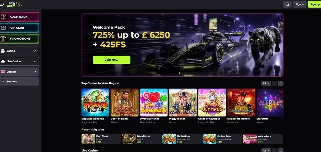 SpinyRush game lobby with slots, live casino and crash games